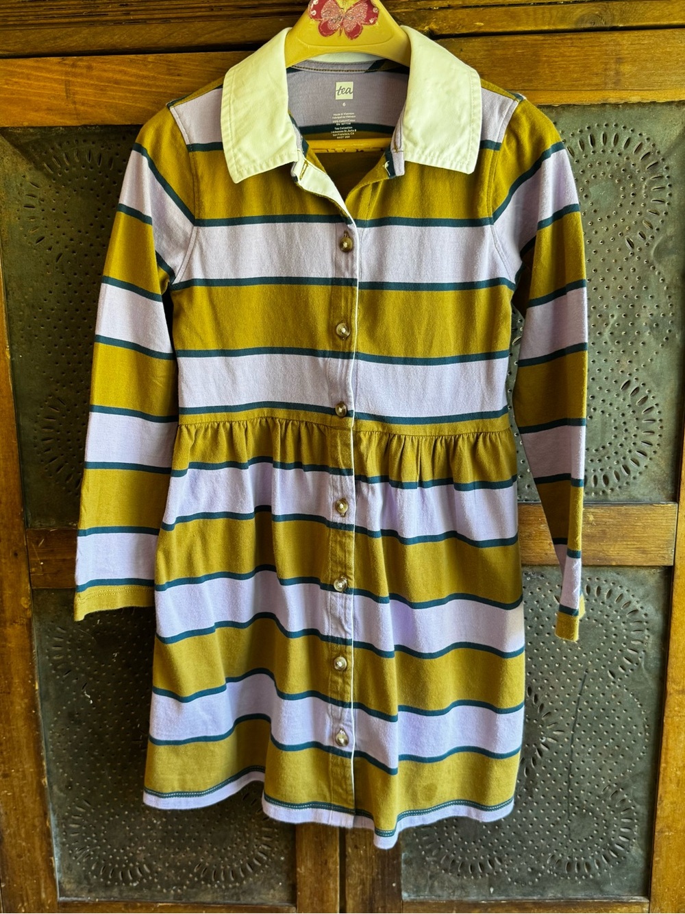 Tea Collection Olive & Lavender Striped Button-Front Collared Dress